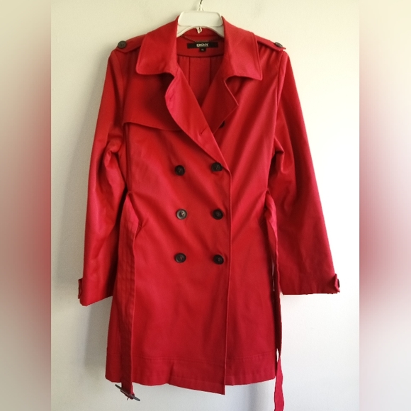 DKNY Women Red Button Down w/Belted Tie Rain/Trench Midi Coat size XL - Picture 12 of 12